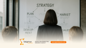 Ilustrasi Data-Driven Leadership dengan pemimpin menggunakan riset dan data untuk mengarahkan strategi dan kinerja organisasi.