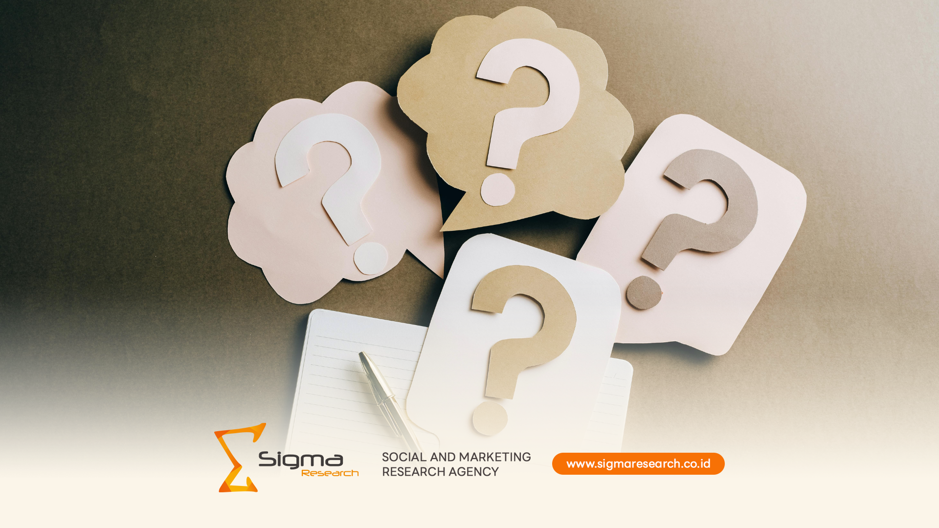 Ilustrasi riset konsep dengan lima pertanyaan utama untuk memprediksi niat beli konsumen di Indonesia.