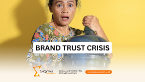 botol air mineral dengan label “brand trust crisis” di tengah percikan air, menggambarkan krisis kepercayaan publik terhadap kasus AQUA
