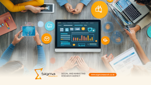 ilustrasi tim riset menganalisis grafik kepercayaan merek oleh konsumen di layar komputer.