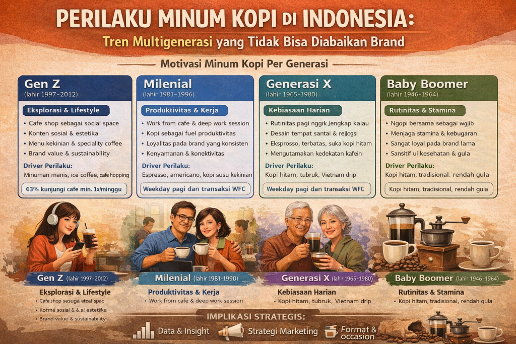 Motivasi minum kopi per generasi Indonesia: Gen Z eksplorasi lifestyle, Milenial produktivitas, Gen X kebiasaan harian, Boomers rutinitas stamina